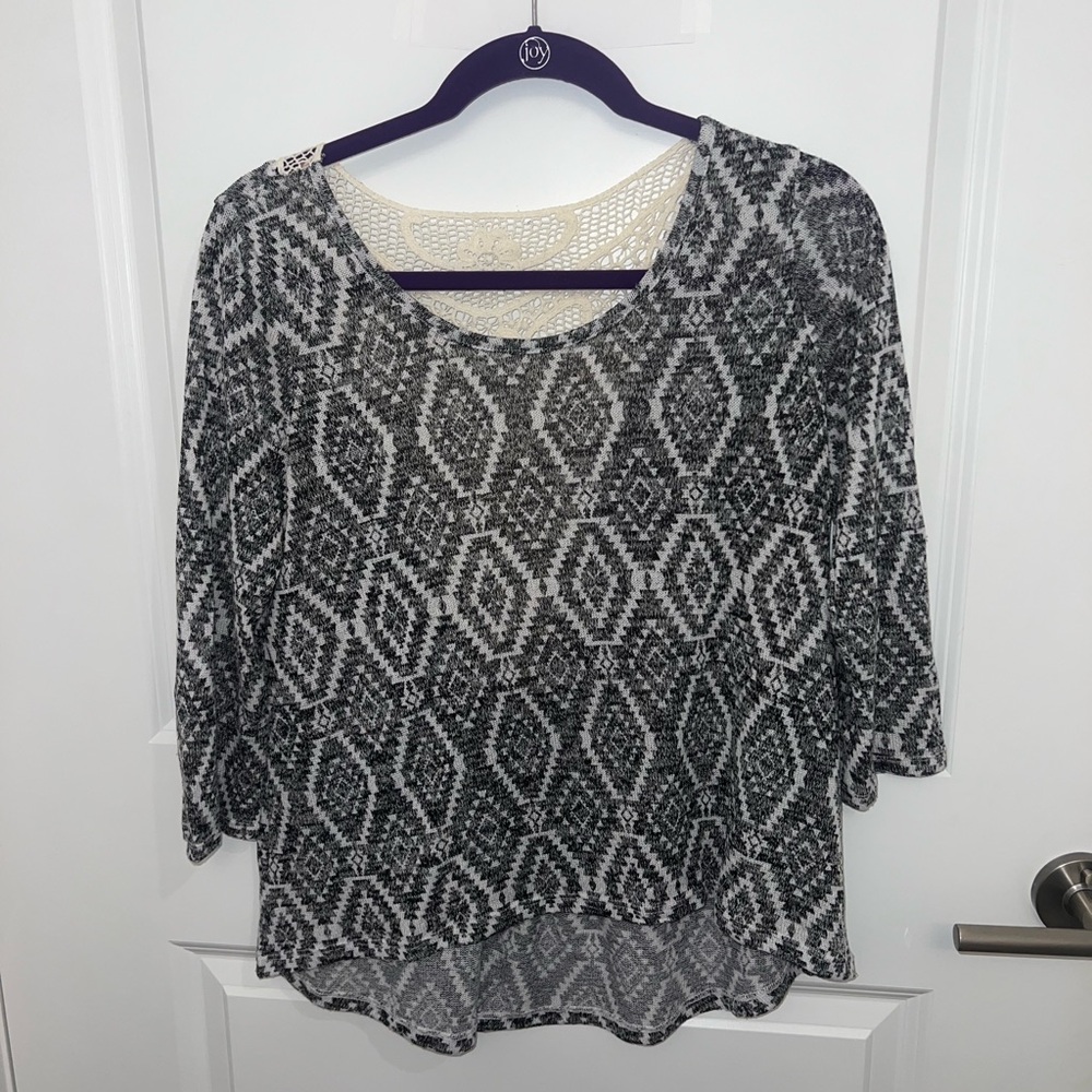 Black and White Patterned Women's Sweater with Lace Back